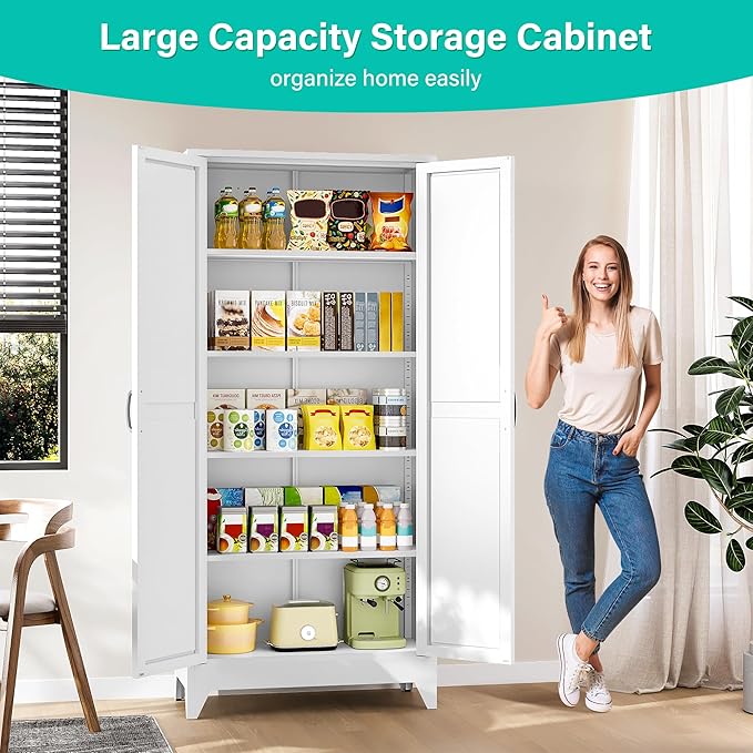 75" Tall Pantry Cabinet,Farmhouse Kitchen Pantry Storage Cabinets with 2 Doors and 5 Shelves,White Metal Storage Cabinet,Large Cupboard for Home,Kitchen,Dining/Living Room
