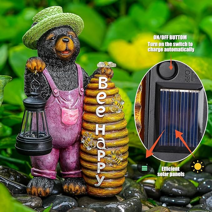 Solar Adorable Bear Garden Statue with Beehive and Lantern - “Bee Happy” Resin Outdoor Decoration for Yard, Patio, or Home Decor