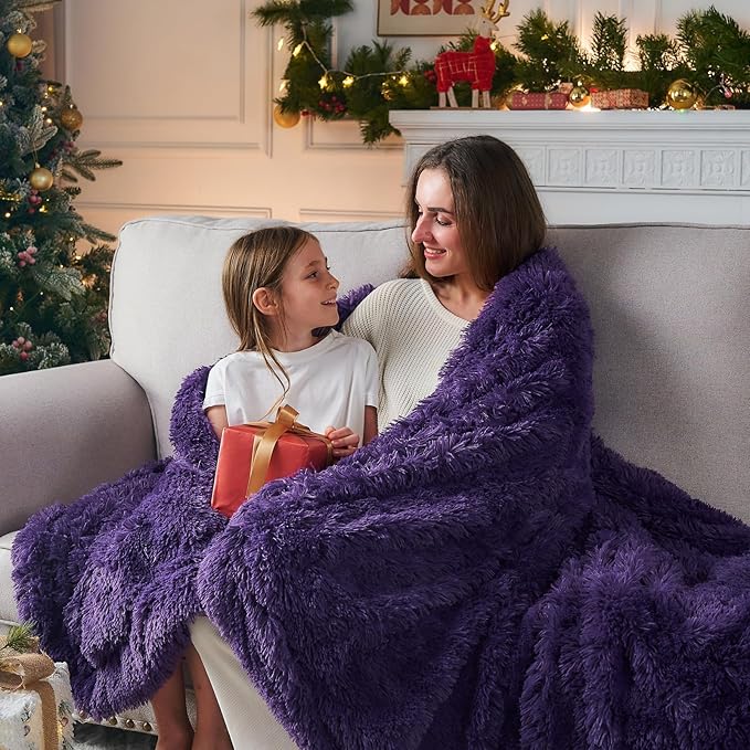 GONAAP Fuzzy Faux Fur Throw Blanket Queen Size Purple Super Soft Cozy Plush Fuzzy Shaggy Blanket for Couch Sofa Bed (Purple, Queen(90"x90"))