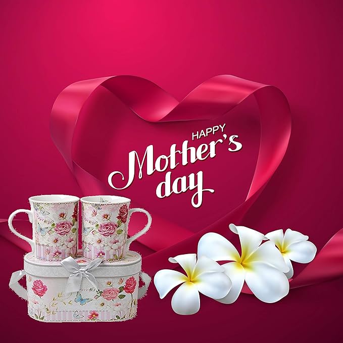 Lightahead Elegent Bone China 2 Coffee Tea Mugs set floral Design in attractive gift box 11 oz each