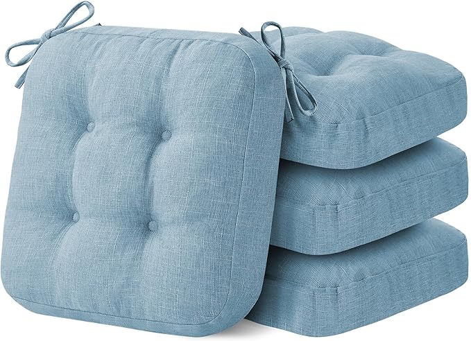 Chair Cushions for Dining Chairs, Dining Chair Cushions, Tufted Indoor Chair Pads with Ties & Non Slip Backing, Seat Cushions for Kitchen Chairs 16.5” x 16.5” x 3.5”, Set of 4, Light Blue