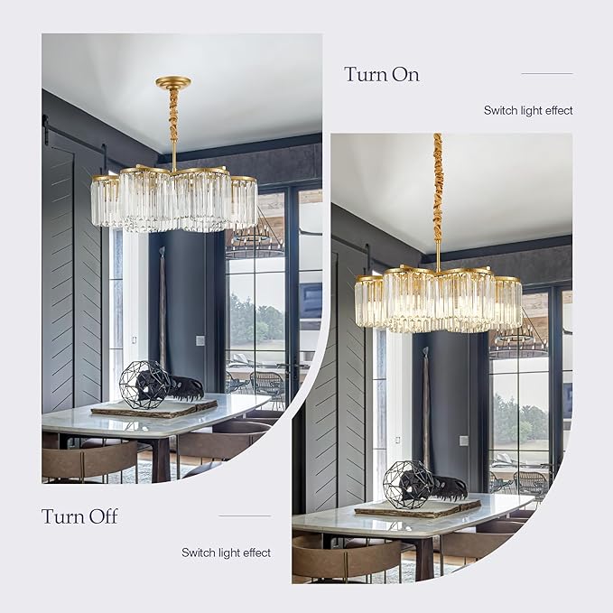 24.4“ Gold Semi Flush Mount Ceiling Light Fixtures, 6-Light Gold Modern Crystal Chandelier Height Adjustable Pendant Lighting for Bedroom Entryway Hallway Kitchen Island Living Room Foyer