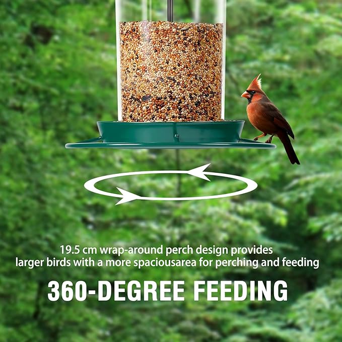 Metal Bird Feeder for Outdoors Hanging,3.0LB Seed Feeder,Easy to Fill & Clean,360° Feeding,Chew Proof Weatherproof Roof for Gardens and Wild Birds,Green