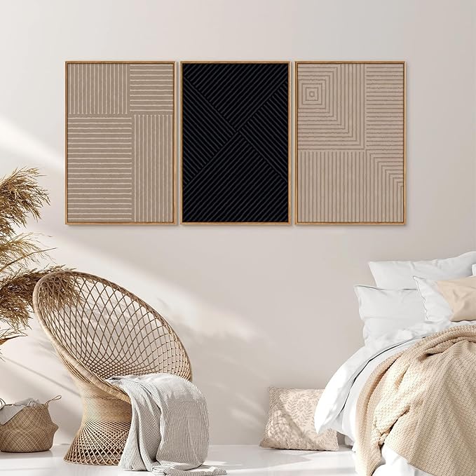 Tinonedraw Mid Century Modern Framed Canvas Wall Art Set of 3, Neutral Abstract Art Prints, Black and Brown Geometric Minimalist Wall Decor for Living Room Bedroom Office Dining Room 16"x24"x3