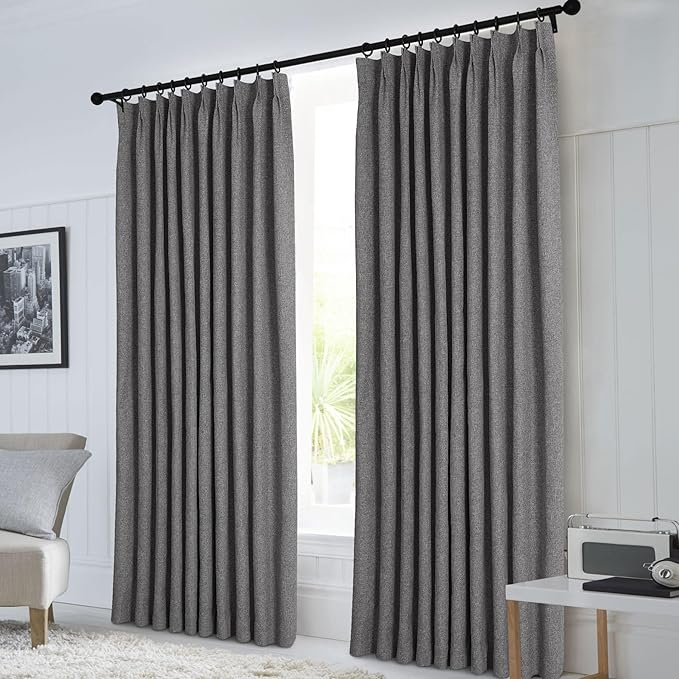 Macochico 120”Wx102”L 100% Blackout Linen Curtains Pinch Pleated Thermal Panels for Sliding Door Bedroom Living Room Farmhouse Shabby Chic Natural Grey Burlap Curtains with Tieback 1 Panel