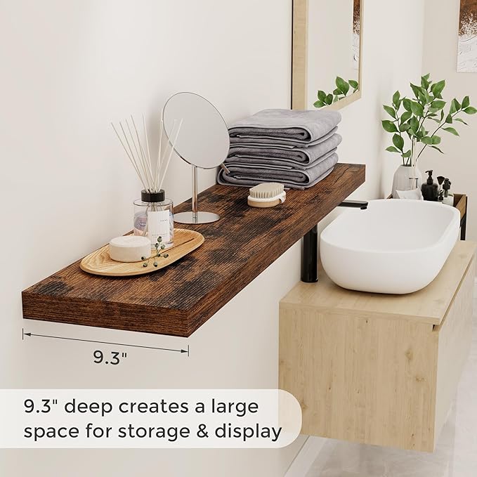 48 Inch Floating Shelves Set of 2, Rustic 48 x 9 Floating Shelf for Wall, 9 Inch Deep Bookshelf Invisible Bracket, Wall-Mounted Deep Shelving for Bedroom, Kicten, Living Room, Rustic Brown Color