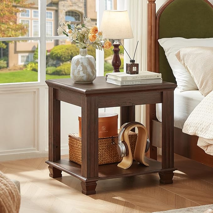 Farmhouse End Table Set of 2,Large Side Table with 2-Tier Storage Shelf,Rustic Brown End Tables for Living Room,Square Tea Table,Walnut