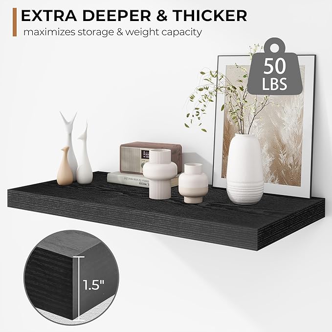 Fun Memories Floating Shelves - 2 Pack 12 Inch Rustic Wooden Wall Shelves - Extra Deeper & Thicker Wall Mounted Storage Shelf for Living Room, Kitchen, Farmhouse - 24" W x 12" D x 1.5"H - Rustic Black