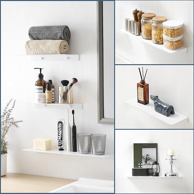 JOOM Small Metal Wall Floating Shelf - Metal Wall Shelf, Black Floating Shelf, Small Bathroom Shelf, Display Shelves for Storage (White, 8 Inch)