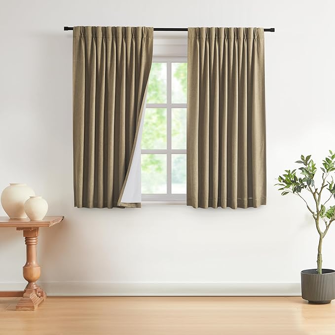 Vision Home Brown Pinch Pleated Full Blackout Curtains Linen Blended Room Darkening Window Curtains 63 inch for Living Room Bedroom Thermal Insulated Pinch Pleat Drapes with Hooks 2 Panel 40" Wx63 L