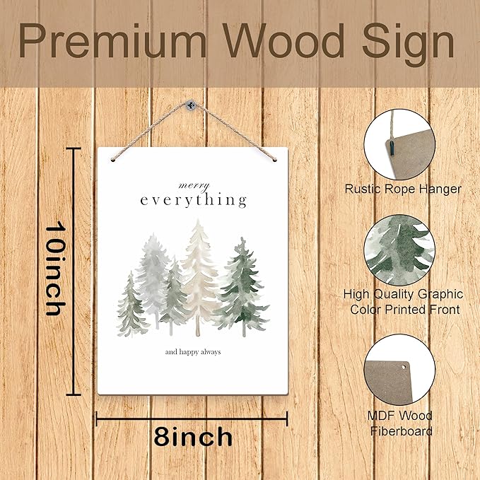 Pine Tree Winter Hanging Wooden Signs 10x8, Welcome Winter Signs, Winter Tree Wall Decor, Merry Everything and Happy Always Winter Home Room Office Hanging Wall Decor