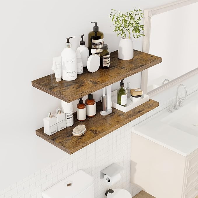 36" Floating Shelves for Wall, 12" Deep Slim Rustic Brown Floating Shelves, Wall-Mounted Shelves for Bedroom, Living Room, Kitchen, Bathroom - Set of 2