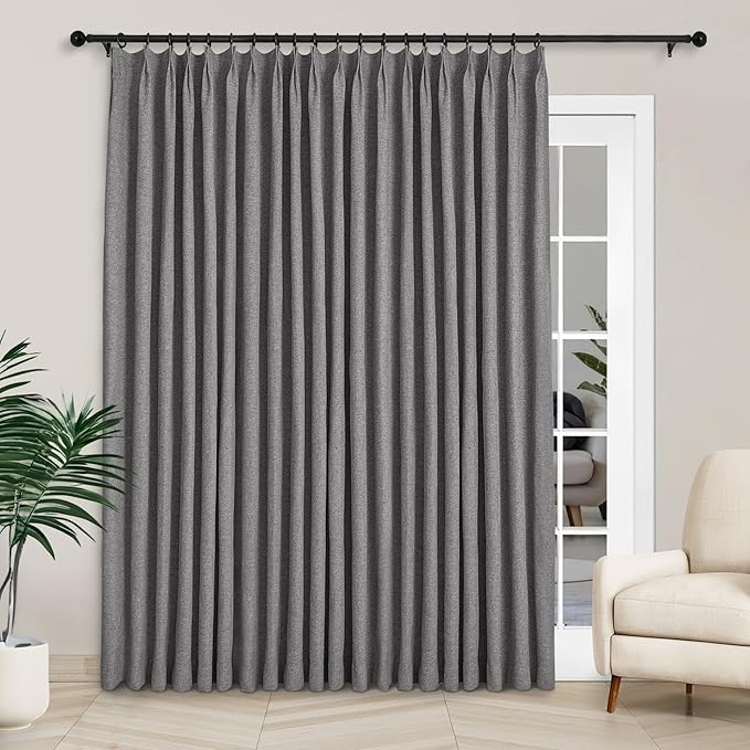 Macochico 100”Wx96”L Pinch Pleated 100% Blackout Linen Curtains Thermal Sliding Curtains for Bedroom Living Room Sliding Glass Door Farmhouse Shabby Chic Gray Drapery with Tieback 1 Panel