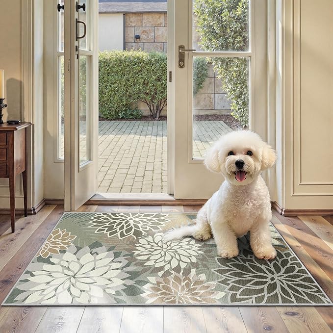 Area Rug 2x3 Brown White Washable Entry Small Rug Multicolored Tropical Botanical Modern Floral Indoor Kitchen Door Mat Entrance Carpet Non Slip for Bedroom Living Room, Porch