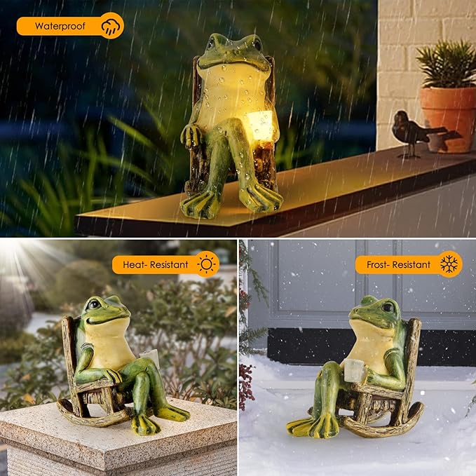 Miniature Frog Garden Statue Gifts Fall Halloween Decorations Fairy Garden Accessories Outdoor Lights Solar Garden Frog Decor Art Housewarming Gift for Patio,Yard,Lawn Ornament,3.89"x2.36"x3.93