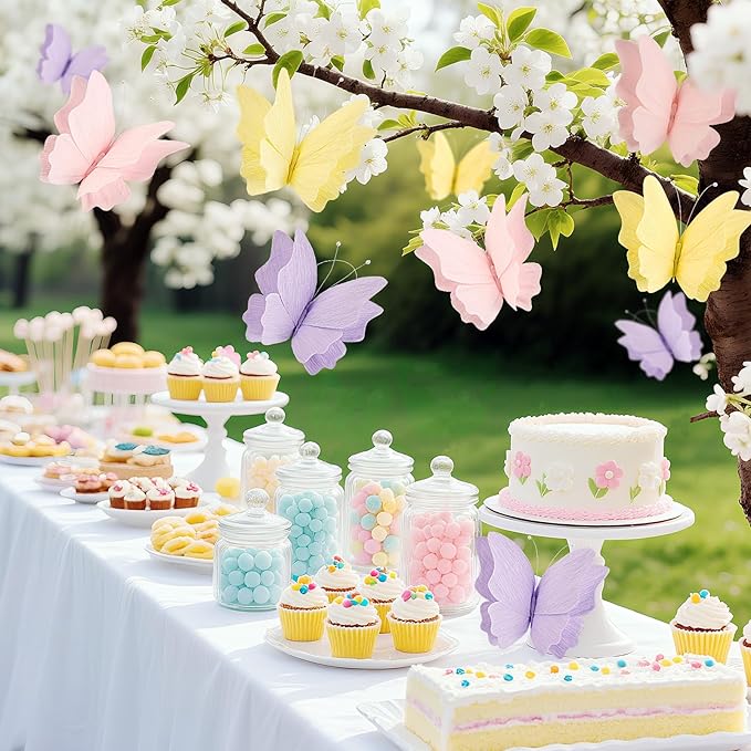 SUNBEAUTY Butterfly Party Decorations Hanging Butterfly Decorations 6Pcs Crepe Paper Garden 3D Butterflies Decor Pastel Paper Butterflies Decoration for Wedding Baby Shower Birthday Party Room Decor