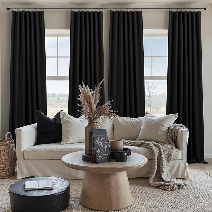 Black Blackout Curtains 84 Inches Long 100% Black Out Linen Farmhouse Light Blocking Curtain for Bedroom Living Room Darkening Back Tab Thermal Insulated Drapes Sliding Glass Door 7ft Length 2 Panel