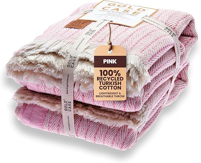 Gold Case Throw Blanket for Couch – 100% Recycled Turkish Cotton Blankets & Throws – Elegant Decorative Throw Blankets for Living Room Sofa – Woven Throws for Couch – Vintage Pink – 50x60 (Set of 2)