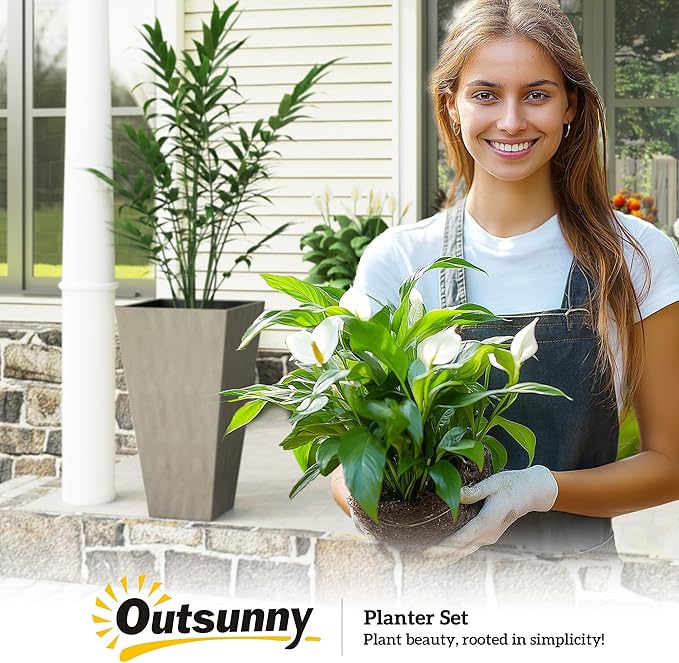 Outsunny Tall Planters for Outdoor Plants Set of 3, 28 in Taper Planters with Drainage Holes, Indoor Grande Plant Pots, Front Porch Decor, Grey