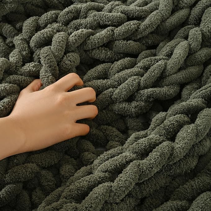 Esterra Chunky Knit Blanket Throw, 100% Handmade Chenille Throw Blanket 40"x50", Soft Thick Yarn Cable Knit Crochet Throw Blanket Rope Knot Throw for Couch Bed Sofa, Dusty Olive