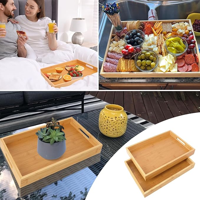 3 Pack Large Bamboo Serving Tray with Handles, 14 x 10 inch Wooden Dinner Tray, Home Kitchen Breakfast Trays for Living Room Bedroom Kitchen Dinner Table, Picnic