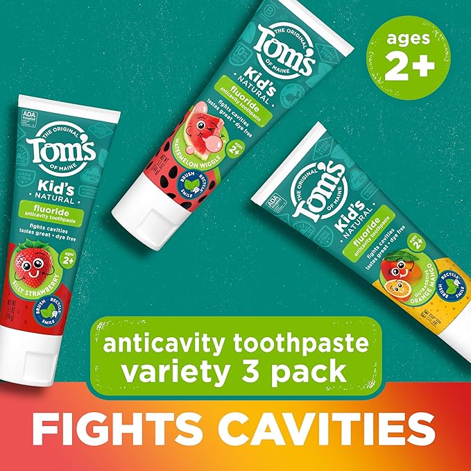 Tom's of Maine Anticavity Kids Natural Toothpaste Variety Pack, Strawberry, Orange Mango, Watermelon Flavors, Kids Toothpaste with Fluoride, Safe for Ages 2 and Up, 5.1 oz (Pack of 3)