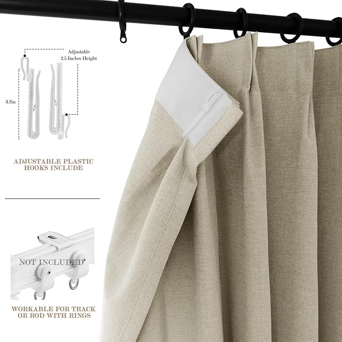 100% Blackout Linen Textured Drapes for Bedroom Pinch Pleated Curtains for Track System Portable Drapery for Sliding Glass Door/Storage/Space Room Divider, 70" Wx84 L, 1 PC, Beige