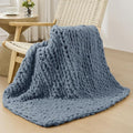 Bigacogo Chunky Knit Throw Blanket for Couch, 40x40 inches, 100% Hand Knitted with Thick Jumbo Chenille Yarn, Cozy Soft Large Rope Knot Cable Crochet Blankets for Sofa Bed Living Room, Cold Sea Blue