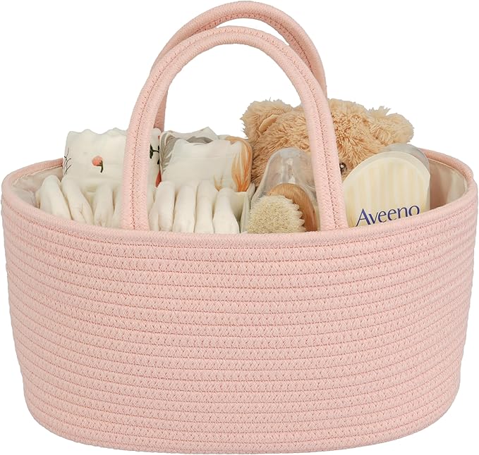 Diaper Caddy Organizer Cotton Rope Baby Basket Nursery Storage and Portable Tote Bag for Car Ideal Baby Shower Gifts and Registry Must-Have for Newborn Essentials coral pink