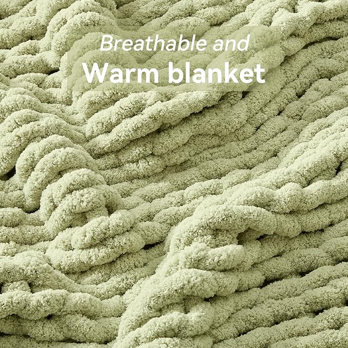 Chunky Knit Throw Blanket, 60''*80'' Knitted Throw Chenille Yarn for Bed Couch, Handmade Light Green Crochet Big Thick Blanket, Machine Washable Cute Comfy Blanket for Home Decor