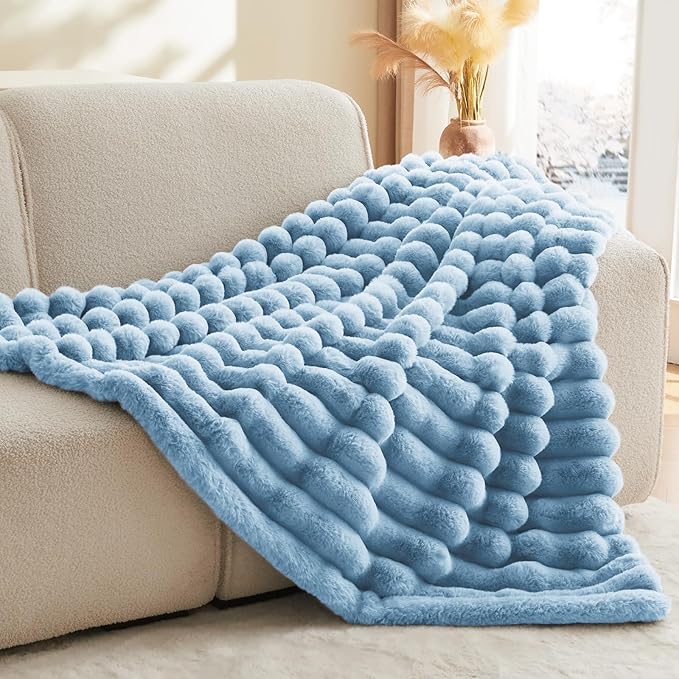 BEDELITE Faux Rabbit Fur Blanket, Luxurious 3D Striped Spring Blanket for Decor & Gift, Soft and Warm Plush Fluffy Faux Fur Throw Blanket All Seasons Suitable, (Light Blue, 60"x 80")