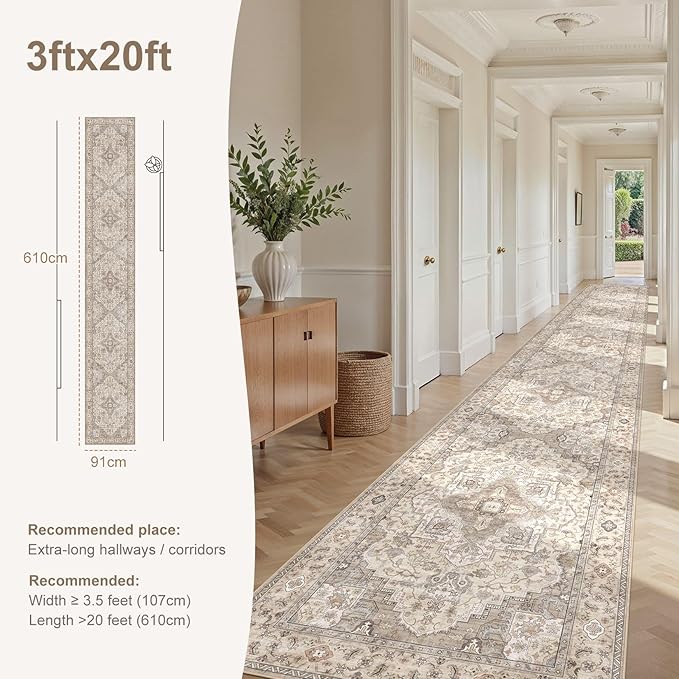 Washable 3x20 Runner Rug - Area Rugs Neutral Vintage Distressed Floral Farmhouse Boho Large Soft Floor Rug Indoor Carpet for Hallway Entryway Home - Brown/Multi