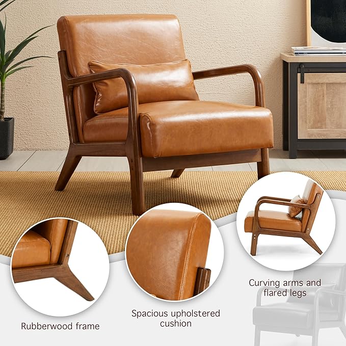 Glitzhome 30" H Mid Century Yellowish Brown Accent Armchair, Single Reading Sofa, PU Leather Lounge Chair with Walnut Ruberwood Frame for Livingroom or Office