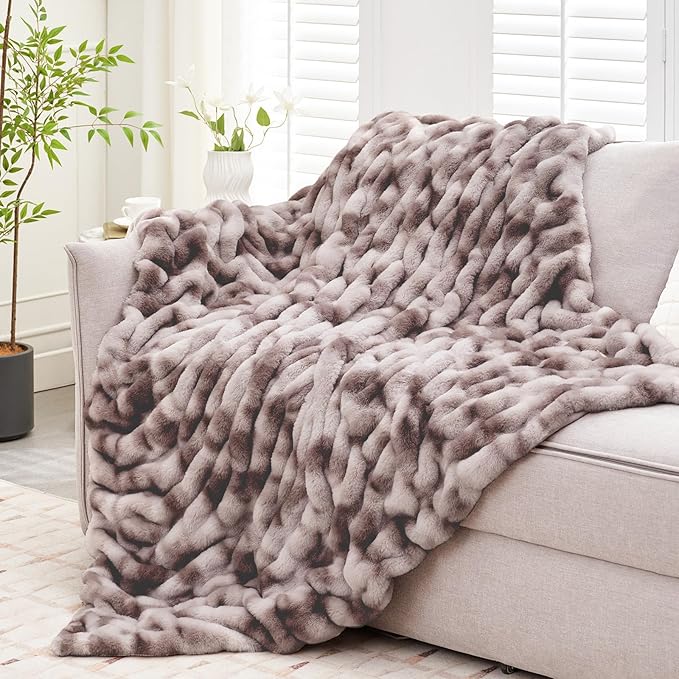 Ultra Soft Luxury Faux Fur Twin Blanket for Counch,Fuzzy Fluffy Plush Warm Cozy Elegant Wrinkled Blanket for Sofa Bedroom Living Room,（60"x80",Tie-dye Taupe）