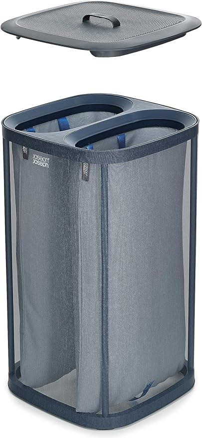 Joseph Joseph Tota 60 liter/15.8 gallon Laundry Hamper Separation Basket with lid, 2 Removable Washing Bags with Handles- Carbon Black