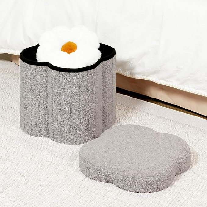B FSOBEIIALEO Storage Ottoman Cube, Flowers Shaped Ottomans with Storage Foot Stool Footrest for Lving Room, Boucle Ottoman Seat for Dorm Room,Faux Teddy Fur, Grey 12.6"x12.6"x12.6"