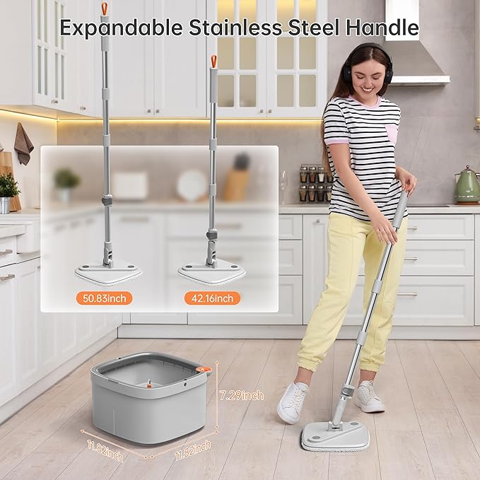 KZKR Spin Mop and Bucket Set with Self Separation Dirty and Clean Water System, Self Wringing 360° Rotating Square Mop Head for Home Floors Cleaning (1.0 Mop and Bucket Set (2 Pads))