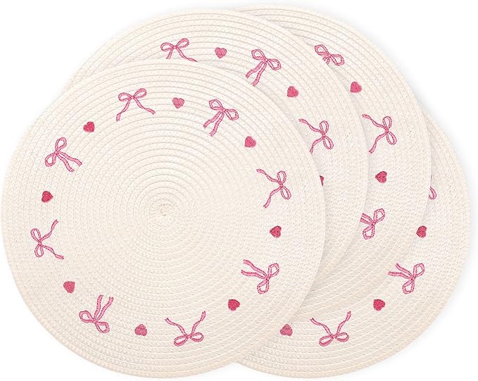 Whaline 4Pcs Round Placemats White Pink Bow Embroidered Place Mats Coquette Bowknot Heart Dinner Table Mats for Home Wedding Baby Shower Birthday Party Decor