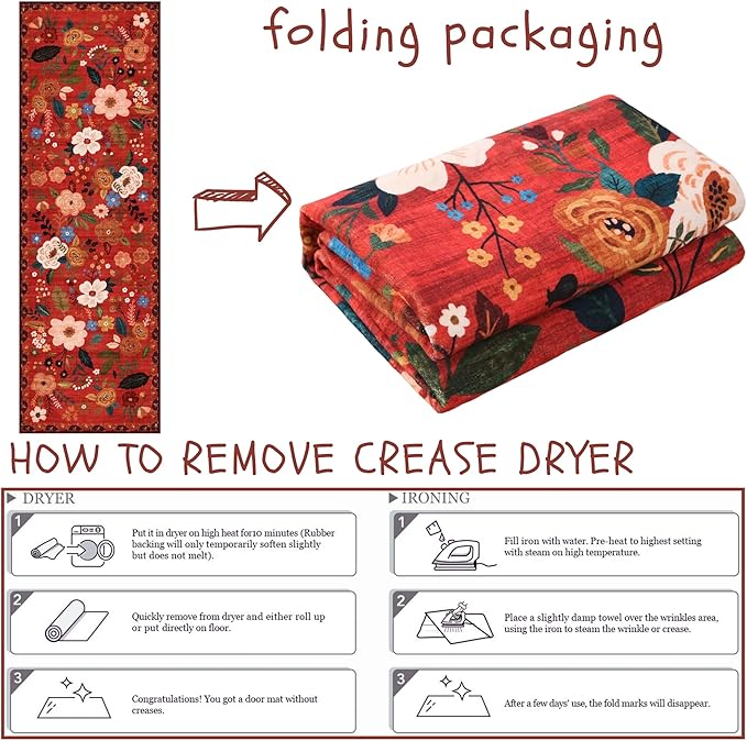 Runners for Hallways Kitchen Runner Rug Non Slip 2'x 10' Long Washable Rugs with Rubber Backing Soft Floral Carpet Runner for Hallways, Kitchen, Laundry, Bedroom, Bathroom(Red)