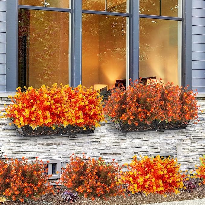 12 Bundles Artificial Fall Flowers No Fade Faux Autumn Plants, Fake Indoor Outdoor Greenery Decorations for Thanksgiving Christmas Wedding Party Home Garden Fireplace Décor (Fall Red)