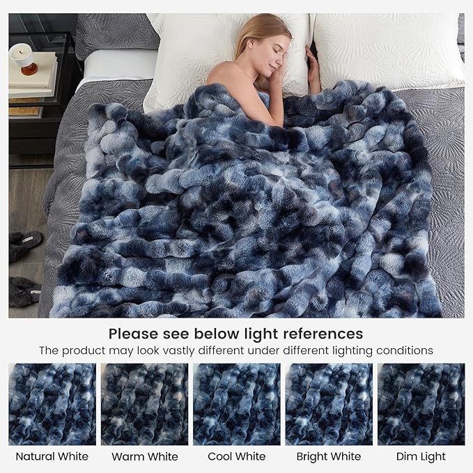 Cozy Bliss Faux Fur Throw Blanket for Couch, Fuzzy Soft Plush Thick Bubble Blanket for Sofa Bedroom Living Room, 50 * 60 Inches Tie-dye Blue