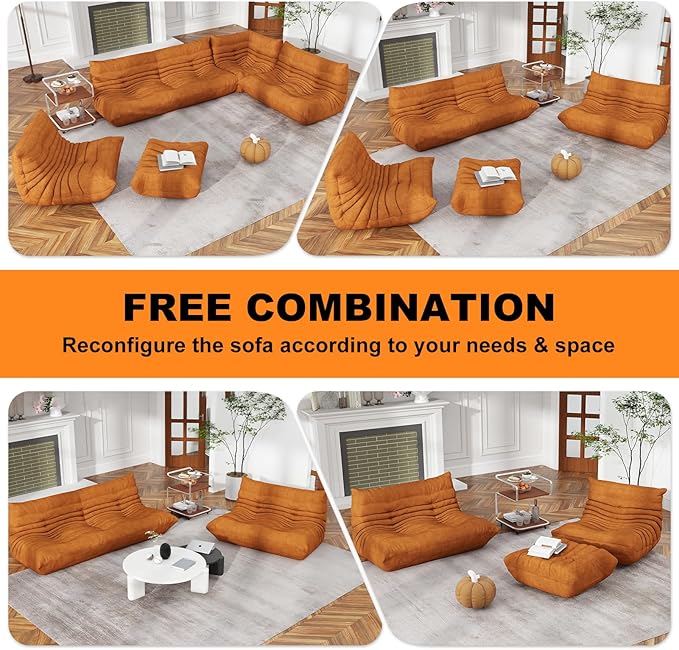 Full Foam Loveseat Sofa,Adults Bean Bag Chairs Floor Couch with Soft Waterproof Fabric,Armless Fireside Lounge Chair for Living Room,Apartment and Office (DarkOrange)