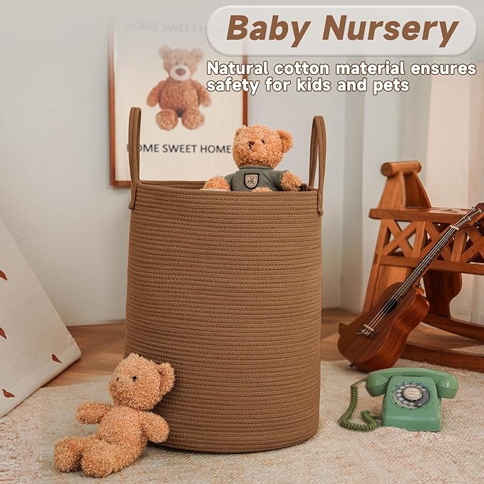 Large Woven Laundry Basket Hamper,80L Cotton Rope Storage Bin for Blankets,Toys and Clothes,Decorative Tall Nursery Hamper for Living Room,Baby Nursery,Bathroom and Bedroom,Golden Jute