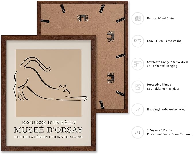 Poster Master Vintage Poster - Retro Minimalist Print - Gift for Artist, Housewarming - Cat, Line Drawing, Sketch, Abstract - Wall Decor for Living Room, Bedroom, 8x10 Brown Framed