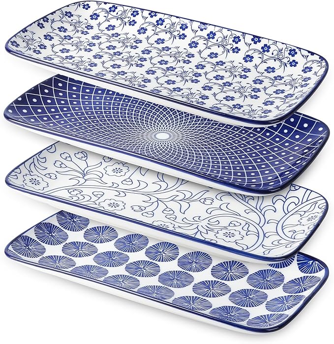 Selamica Ceramic Serving Platters, 14 Inch Serving Trays for Party Entertaining, Large Rectangular Serving Plates for Appetizer, Charcuterie, Dessert, Fruit, Set of 4, Vintage Blue