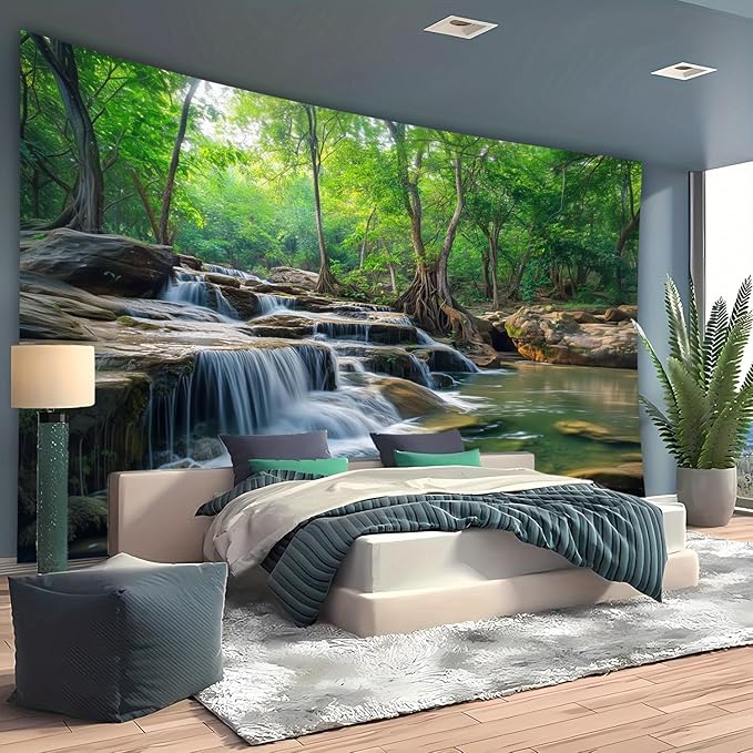 BSFHH Nature Tapestry Forest Tree Sea Cave Wall Hanging, Stream Through Rainforest Landscape Wall Art Tapestry for Bedroom Living room (Creek, 90"×70", Unframed)