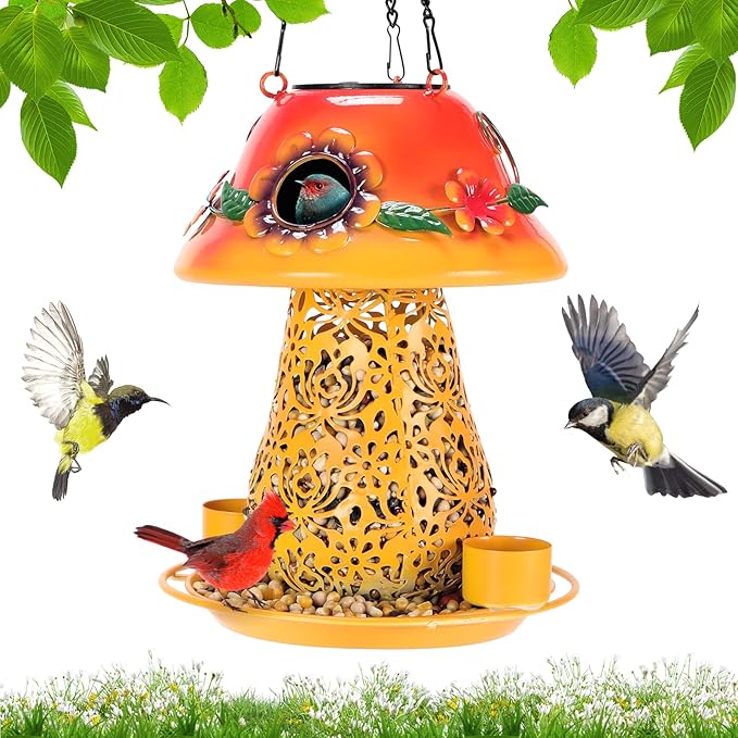 Mushroom Solar Bird Feeders for Outdoors Hanging Metal Wild Bird Feeder Garden Lantern with S Hook for Garden Decoration Orange