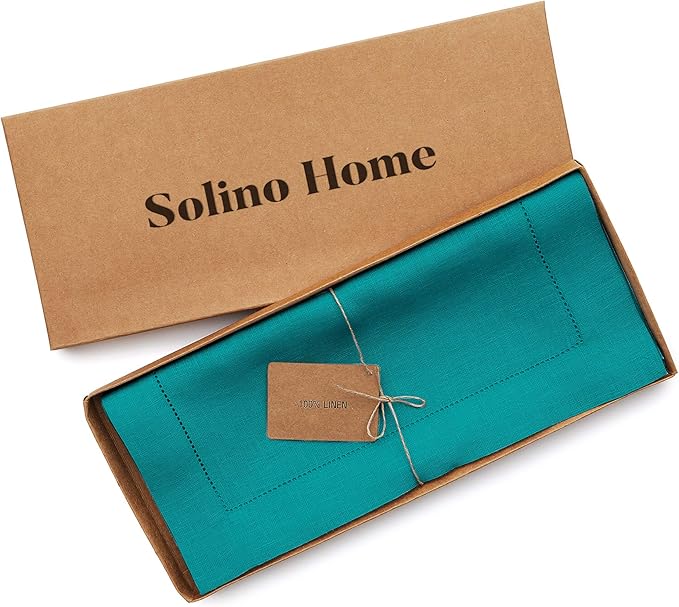 Solino Home Linen Hemstitch Table Runner 90 Inches Long - 100% Pure Linen Teal Table Runner 14 x 90 Inch for Fall, Autumn, Thanksgiving - Classic Hemstitch