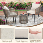 Kromax 3 Pieces Patio Rattan Bistro Conversation Set, Outdoor All-Weather Wicker Furniture Chairs and Side Table Set Ideal for Balcony, Porch and Backyard, Beige