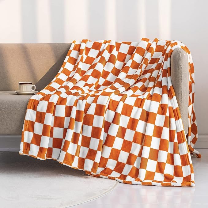 LOMAO Throw Blankets Flannel Blanket with Checkerboard Grid Pattern Soft Throw Blanket for Couch, Bed, Sofa Luxurious Warm and Cozy for All Seasons (Orange, 90"x110")